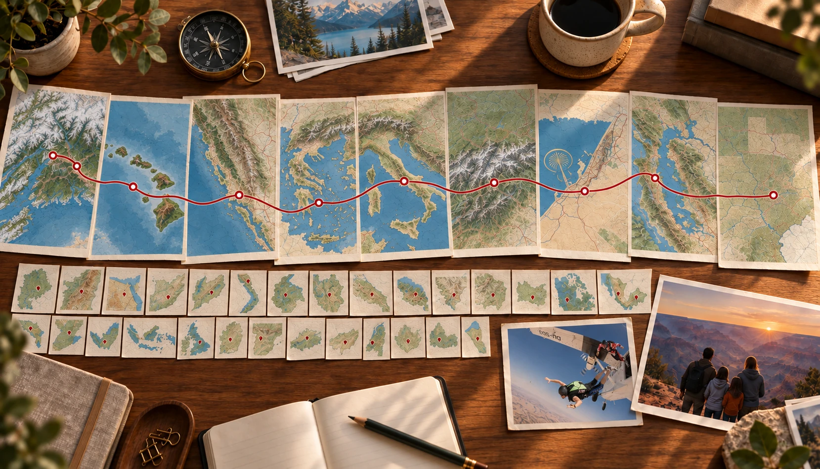 A tactile route atlas connecting the places that shaped Keith Parker’s life, with a family photograph overlooking the Grand Canyon.