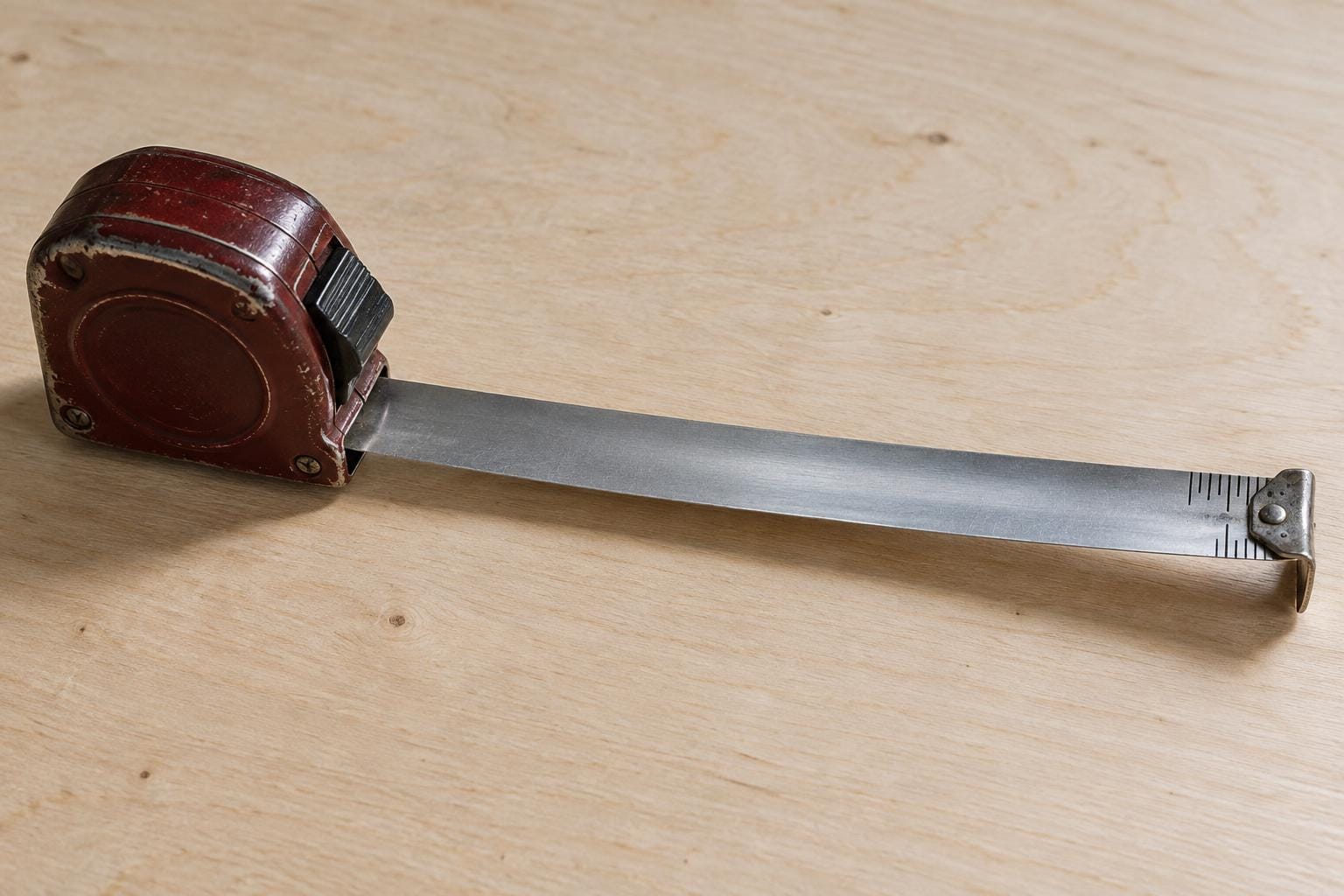 A red retractable tape measure lies extended across pale wood. Its steel blade is blank except for a short cluster of black measurement ticks beside the end hook.