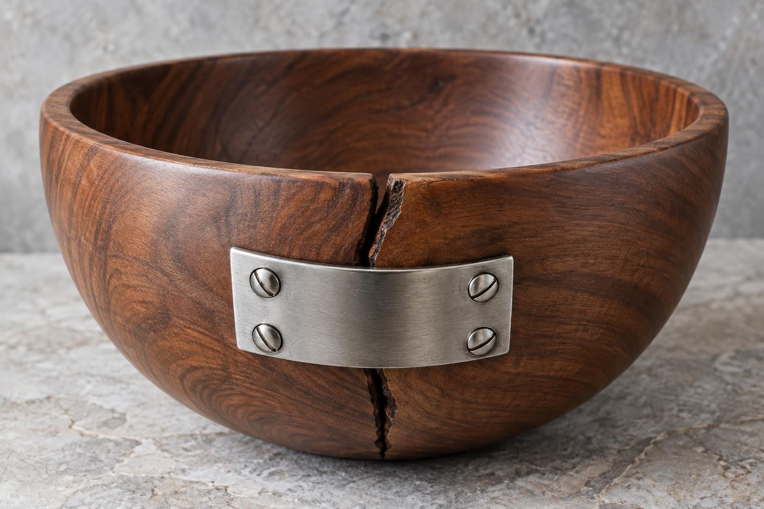 A polished walnut bowl has a split running down its front from the rim. A broad stainless-steel bracket with four exposed screws bridges the split, which remains visible above and below the…