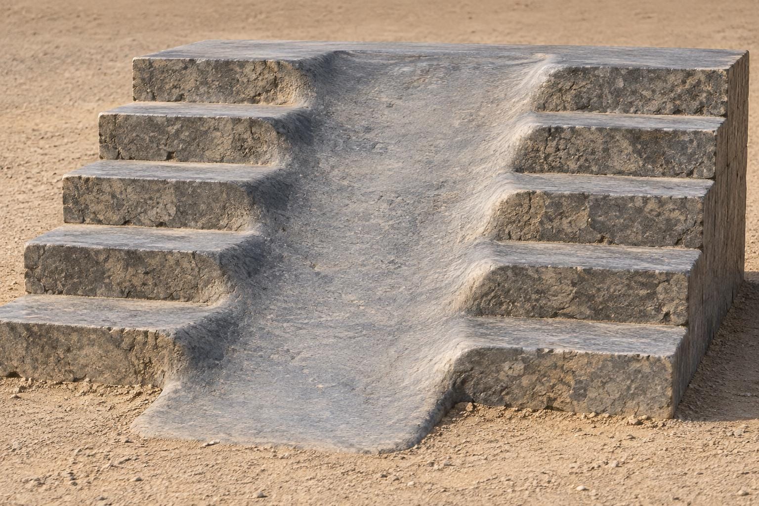 Five broad gray stone steps stand alone on a sandy-colored surface. Their middle third forms a smooth continuous ramp, while sharp stair edges remain on both sides.