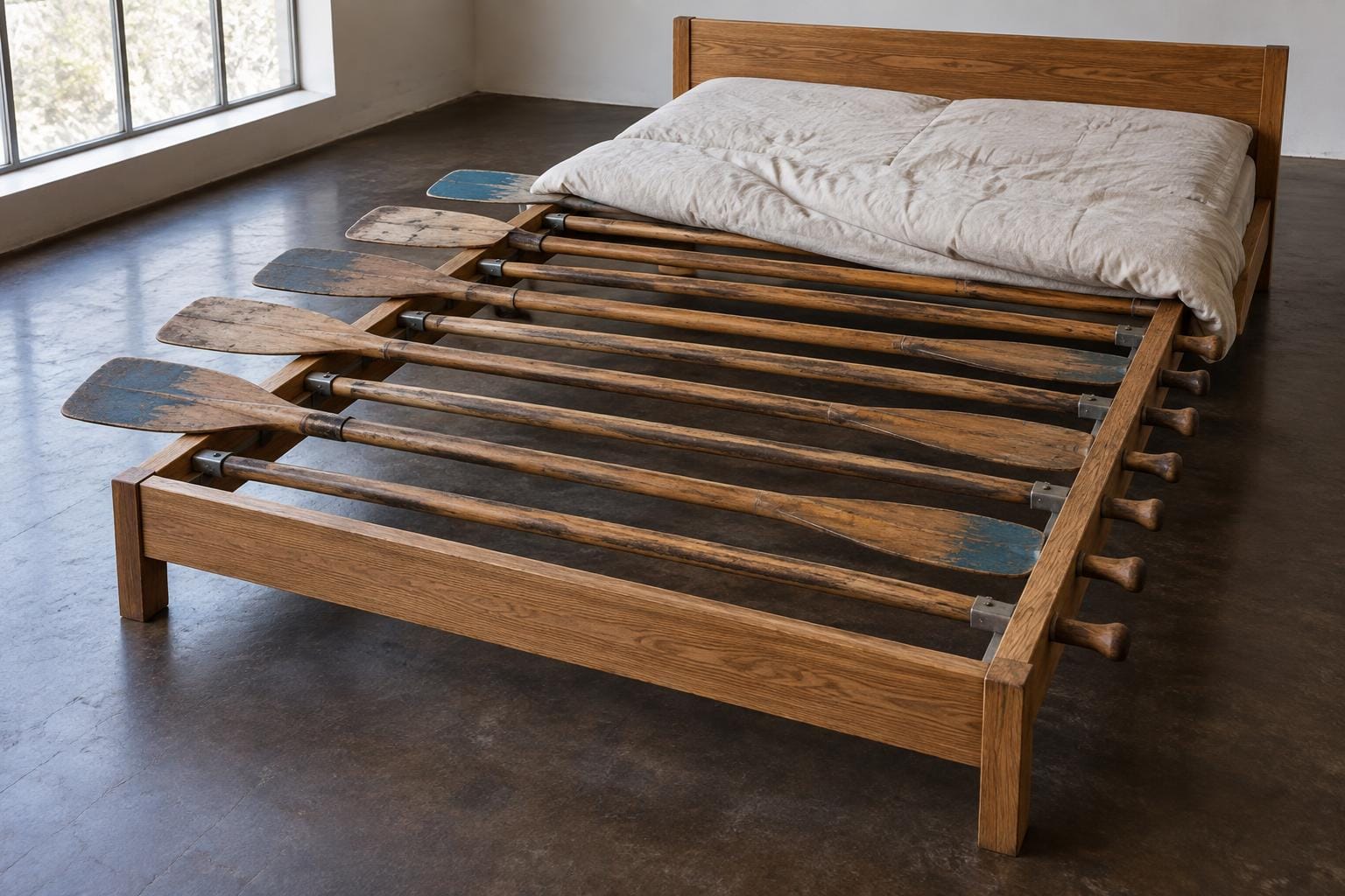 A low wooden bed uses worn rowing oars instead of slats, with alternating blades projecting beyond its sides. The mattress is folded toward the headboard to expose the oar platform.