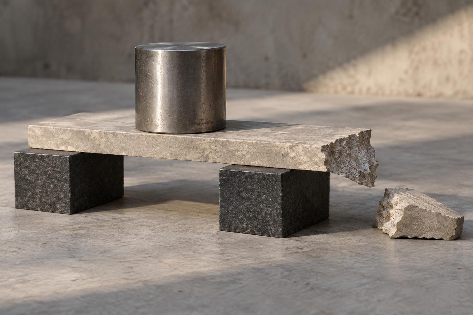 A steel cylinder rests on a limestone slab spanning two dark stone blocks. Beyond the right block, the slab ends in a jagged break, with the broken extension lying on the floor beside it.