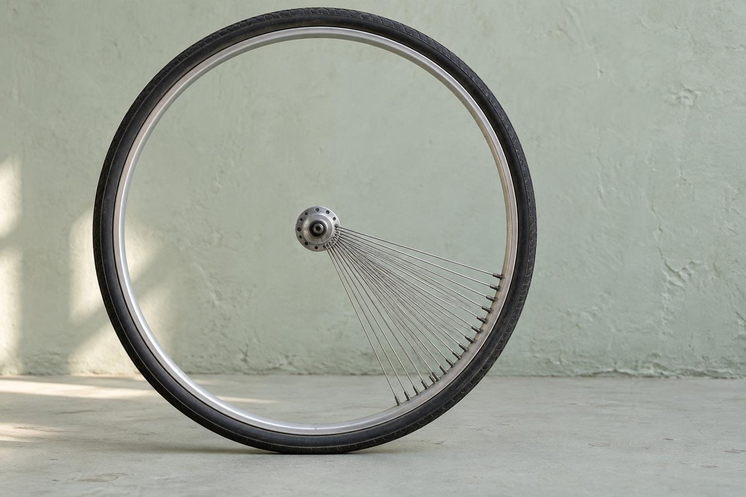 A bicycle wheel stands on a pale green floor. All its steel spokes fan from the central hub into the lower-right quarter of the rim, leaving the rest of the wheel’s interior empty.