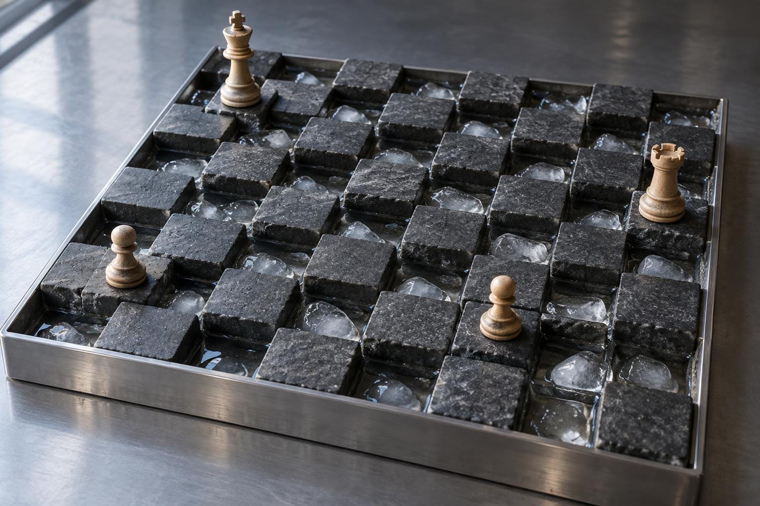 Four pale wooden chess pieces stand on raised dark stone squares of a chessboard. The alternating ice squares have melted into recessed pools of water, leaving the stone squares as separate…