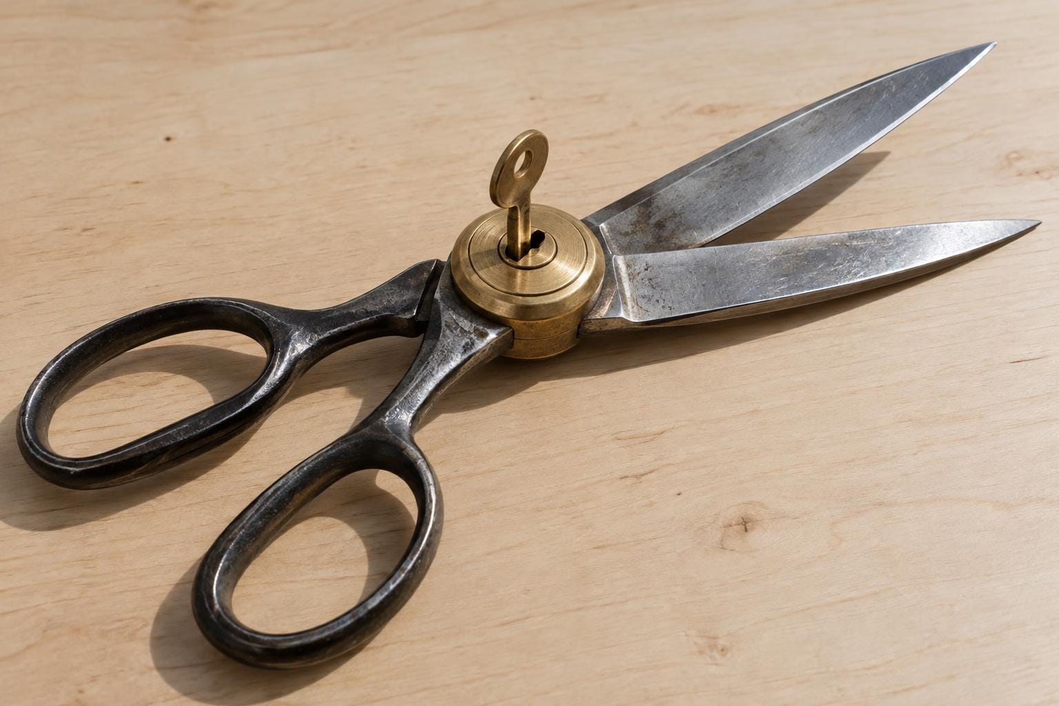 Partly open steel tailor’s scissors lie diagonally on pale wood. A large brass lock with an inserted key replaces the rivet where the blades meet.