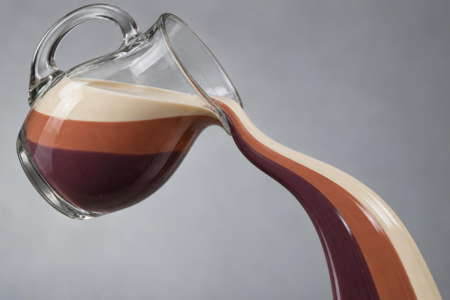 A tilted glass pitcher pours a broad ribbon of cream, terracotta and plum liquid. The three layers inside the pitcher remain distinct stripes as they bend through the spout and flow downward.