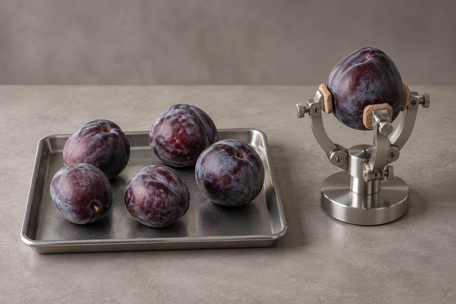 Five purple plums lie on a flat metal tray beside a single plum supported by three curved metal arms with cork-lined pads adjusted to different heights.