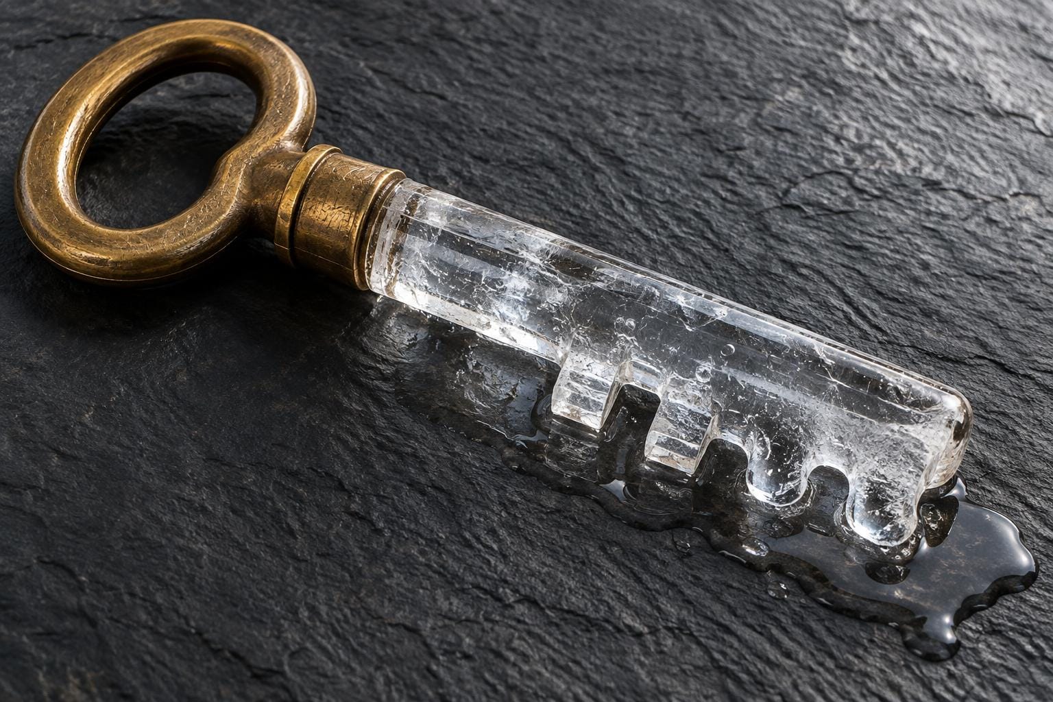 A brass-handled key with a clear ice shaft and toothed blade lies diagonally on dark slate. Several ice teeth have melted into rounded stumps beside a spreading pool of water.