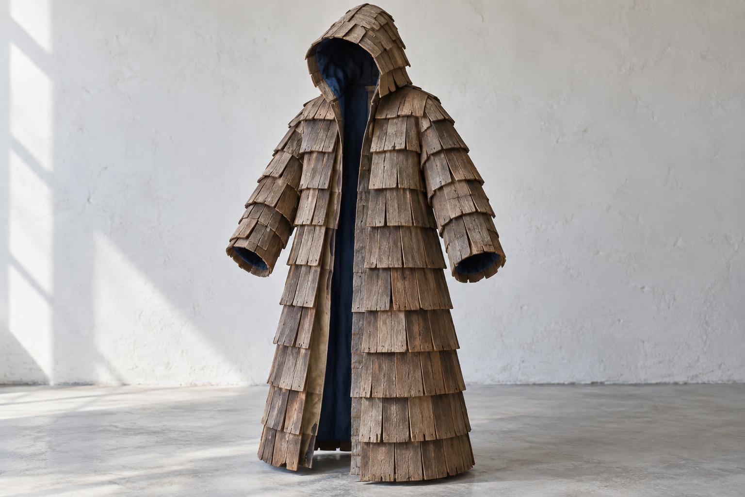 An empty hooded coat hangs upright, its sleeves and long body covered in overlapping cedar roof shingles. Its parted front and hollow hood reveal dark blue fabric lining.