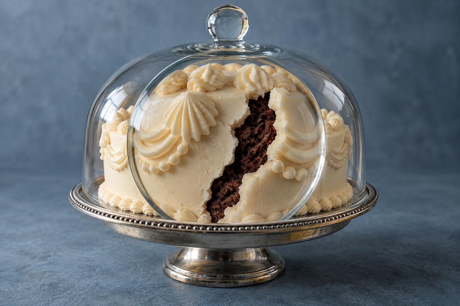 A glass cloche covers an ivory-frosted cake. Its thick magnifying front enlarges a jagged crack exposing dark cake crumb, while the decoration at the sides appears small and pristine.