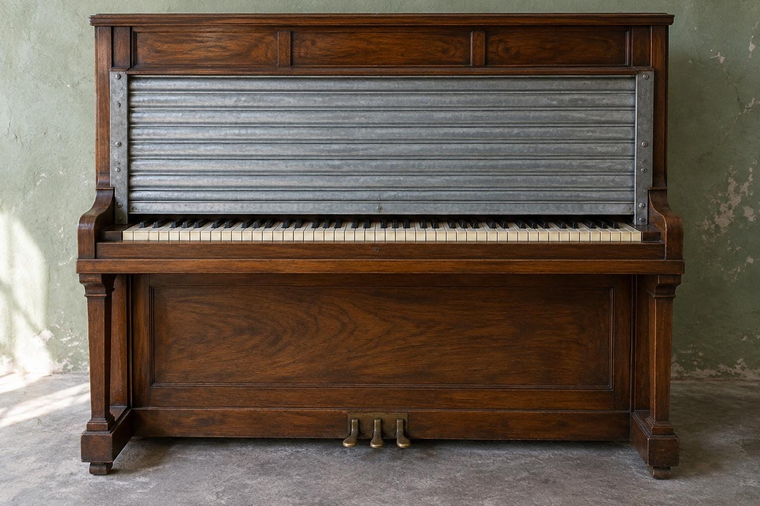 A walnut upright piano fitted with a corrugated metal security shutter lowered almost onto its keyboard, leaving the keys visible through a narrow slit.
