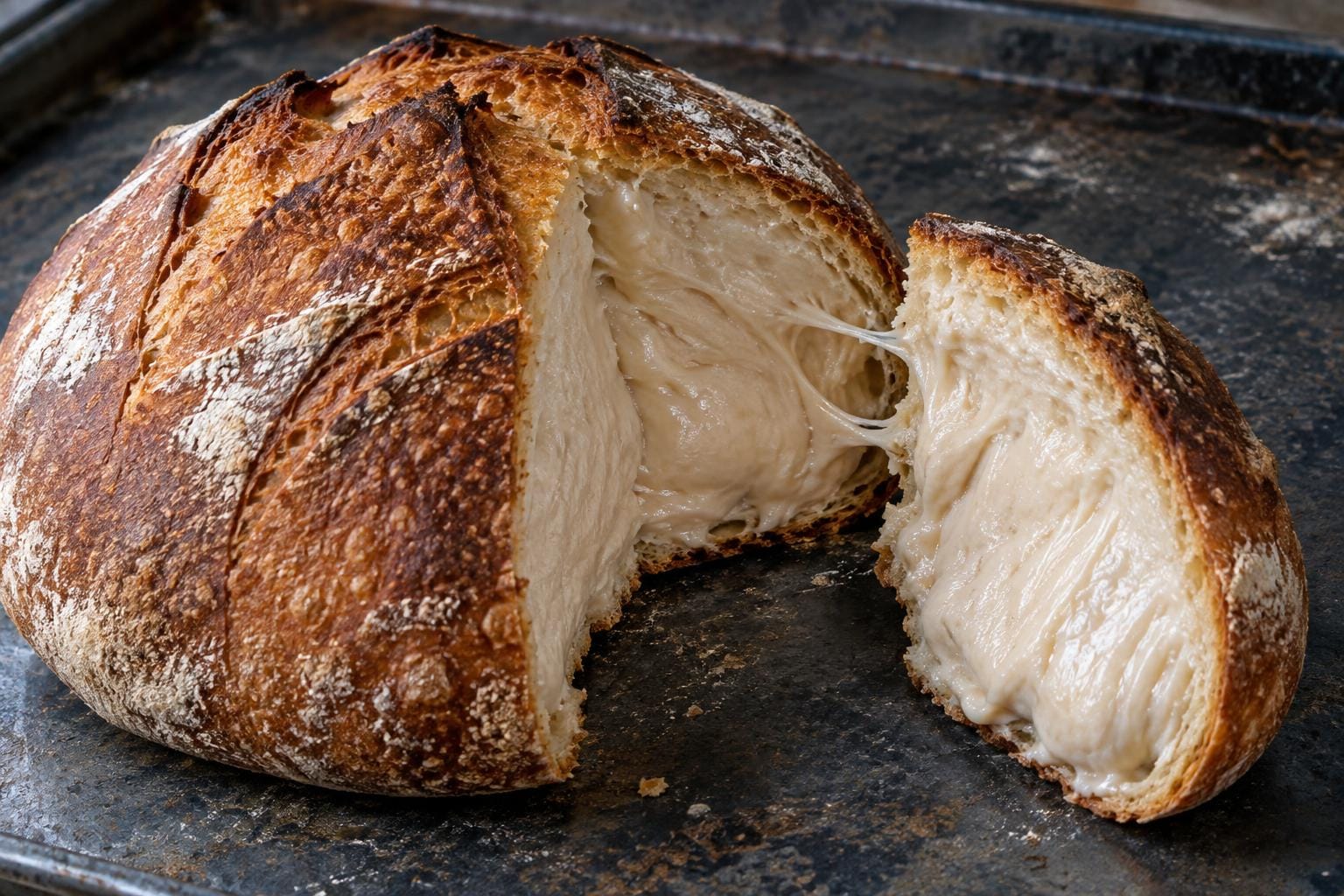 A deeply browned round loaf cut open on a dark baking sheet reveals glossy raw dough beneath its crisp crust. A thick slice leans beside it, joined by a few sticky strands.
