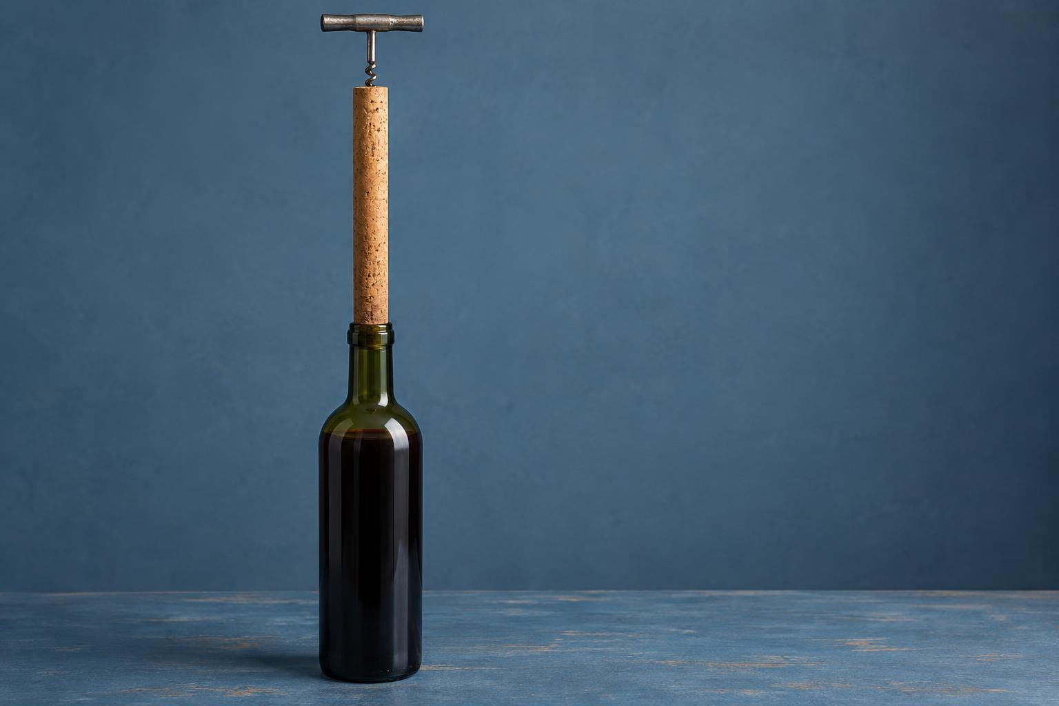 An unlabelled green wine bottle stands on a blue surface. A single cork nearly as tall as the bottle extends from its neck, topped by a steel corkscrew.