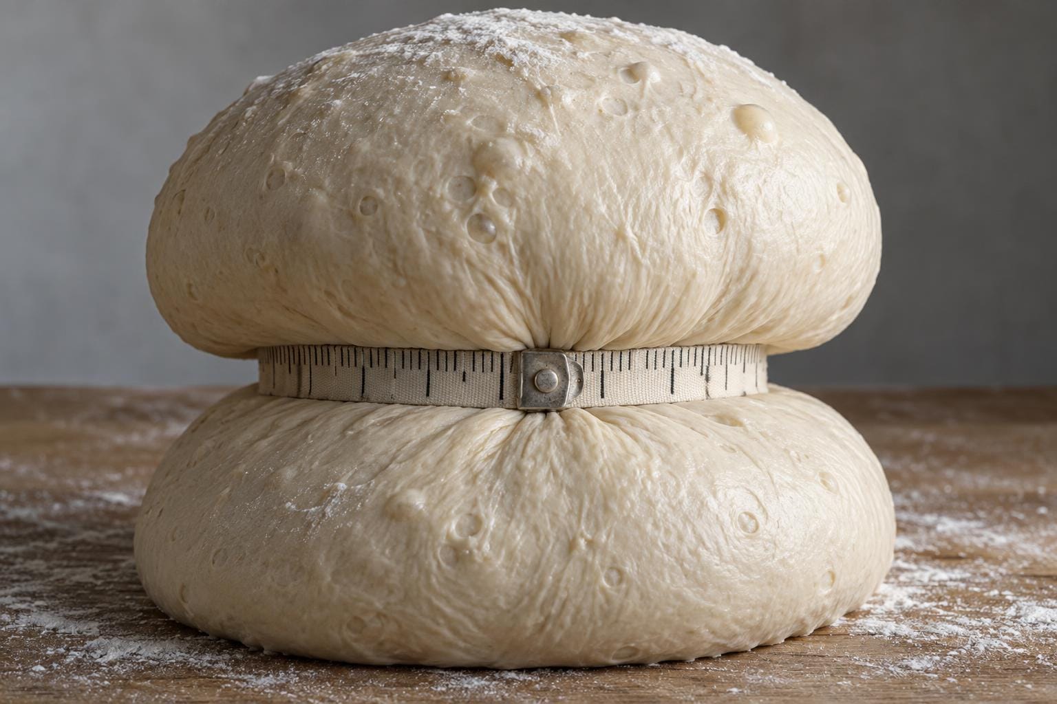 A swollen ball of raw bread dough bulges above and below a tightly fastened measuring tape, whose black ticks remain visible around its narrow waist.