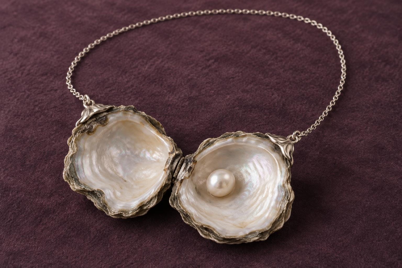 A fine silver necklace lies on aubergine felt, its chain attached to a large opened oyster shell containing a single cream pearl.