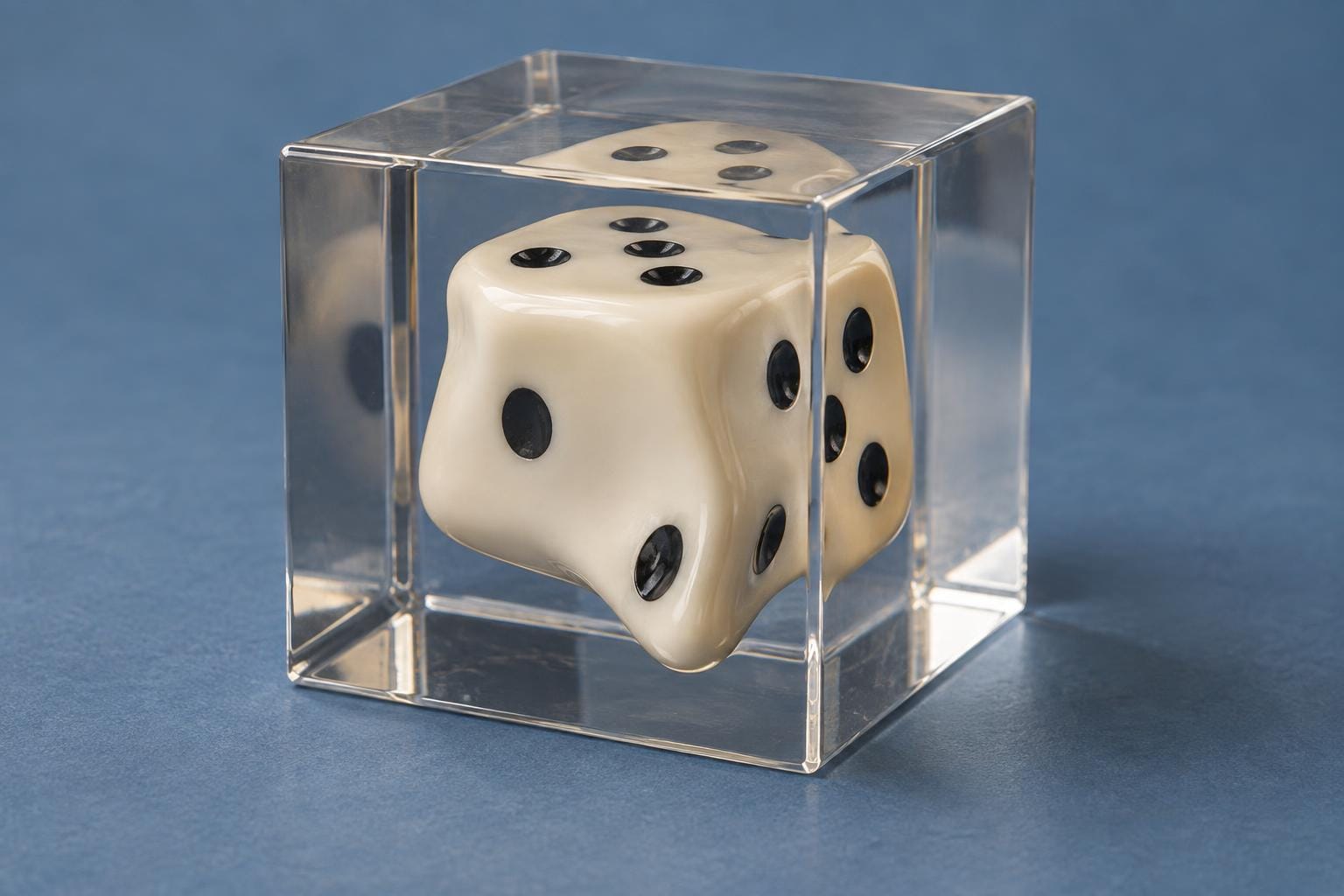 A warped ivory die with black pips sits inside a clear acrylic cube. Its bowed faces and drooping corner contrast with the enclosure’s straight edges and flat surfaces.