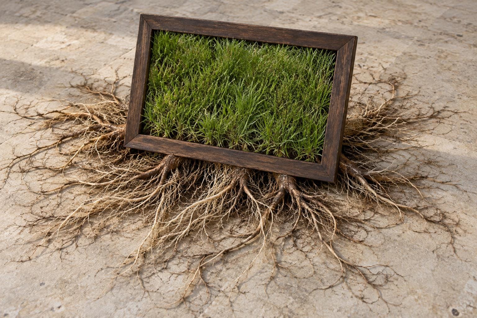 A walnut picture frame holds a rectangle of green grass, with exposed roots emerging beneath it and spreading widely across a pale stone surface.