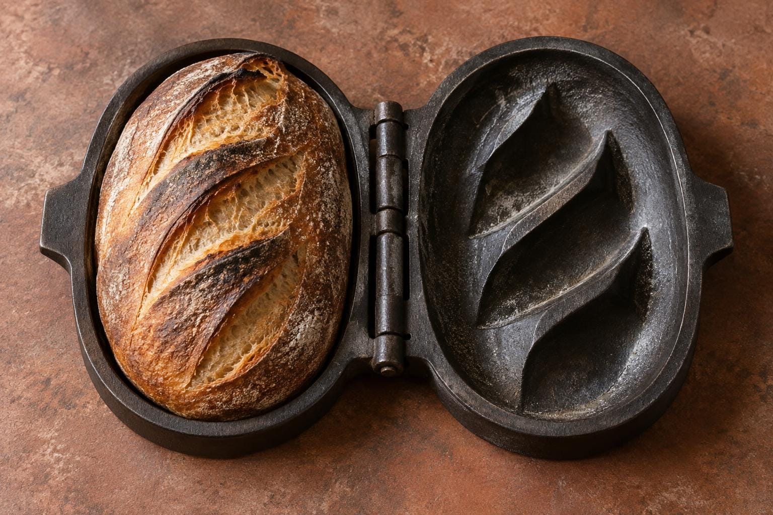 An open cast-iron bread mold holds a browned artisan loaf on the left. Its empty lid on the right contains a matching negative impression of the loaf’s domed crust, diagonal splits and raise…