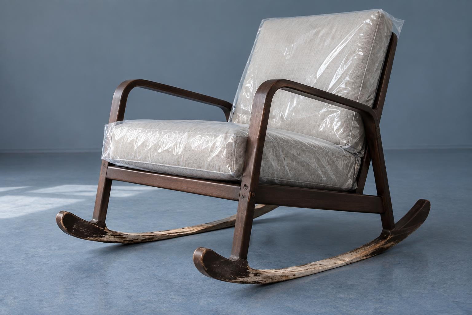 A wooden rocking chair has runners worn down to thin, flattened strips, while its pristine seat and back cushions remain sealed in clear protective plastic.