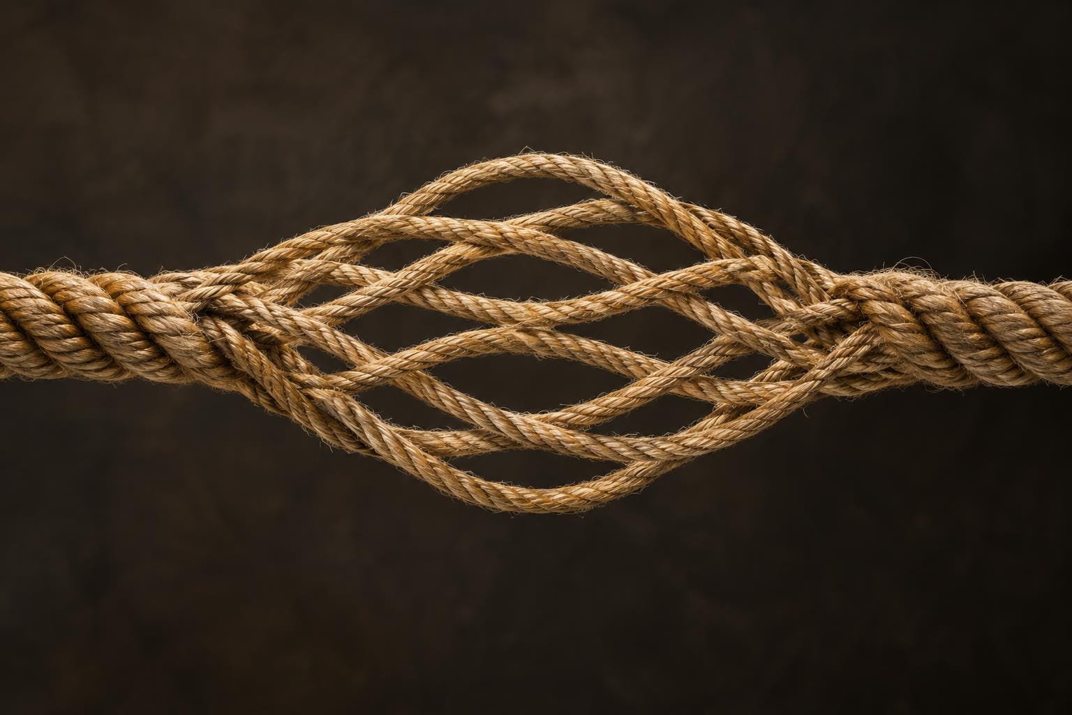 A thick hemp rope stretches horizontally, its middle spreading into widely separated curved strands that braid back together on the other side against a dark background.