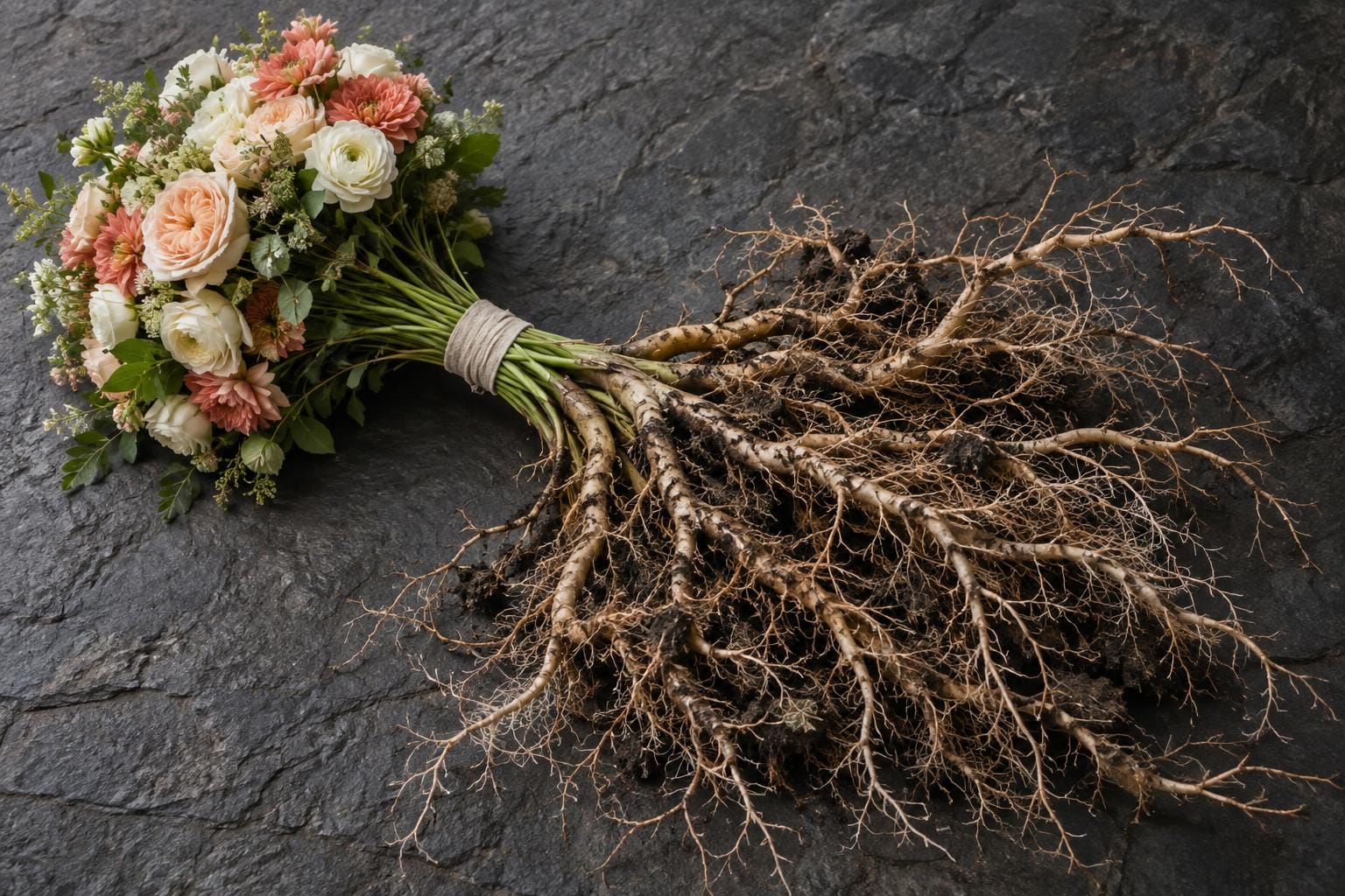 A cream-and-coral bouquet lies diagonally on dark stone. Below its cotton-tied stems, an attached network of soil-flecked roots spreads wider than the flowers.