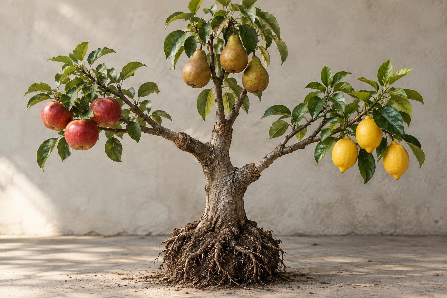 A small tree with an exposed root ball bears red apples, russet pears and yellow lemons on three separate branches joined by thick graft scars to one trunk.