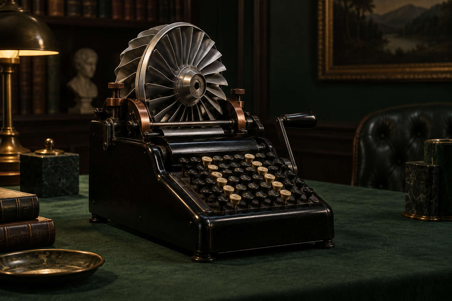 A vintage adding machine rebuilt around a metal turbine wheel.