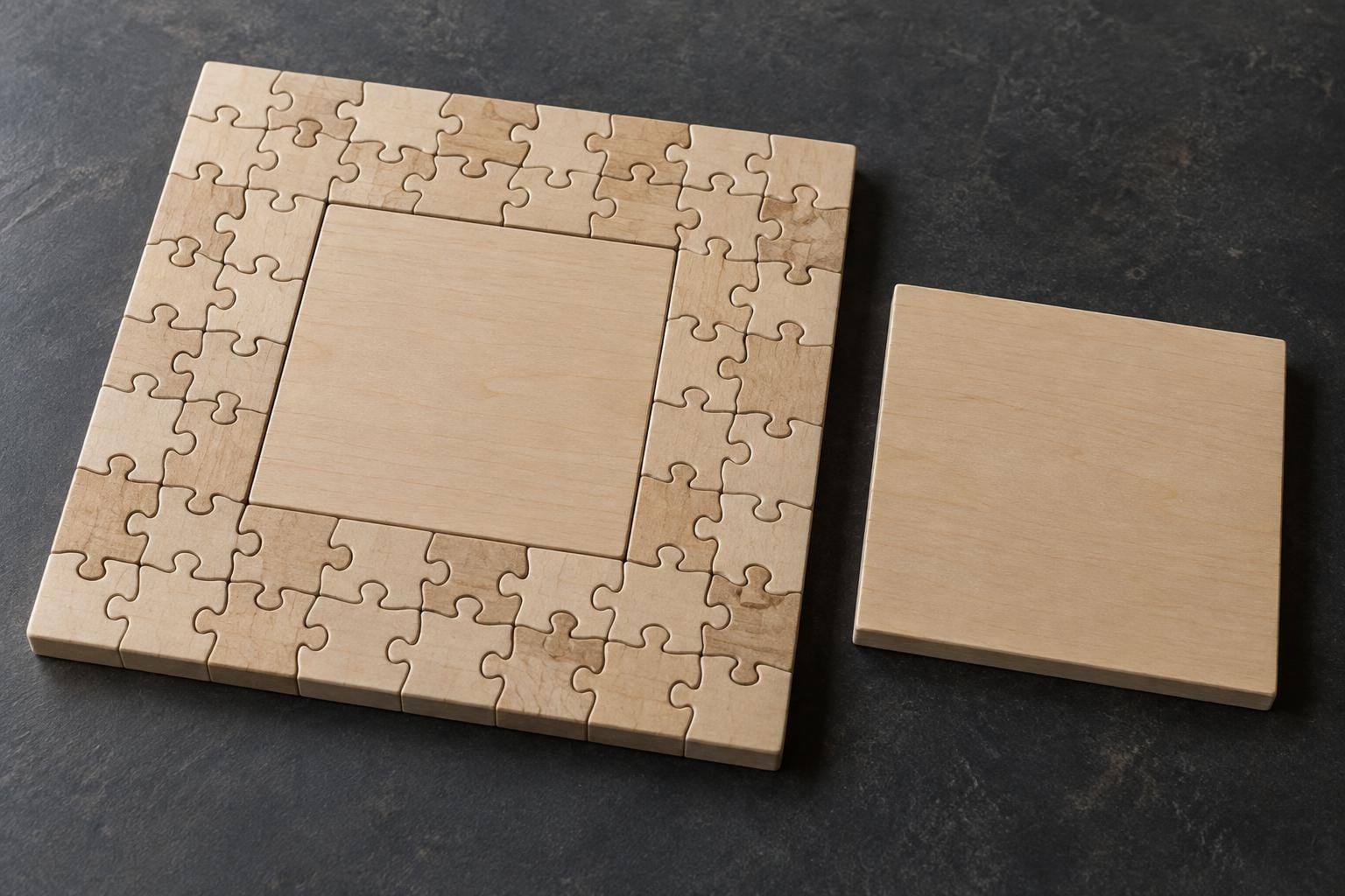 A pale wooden jigsaw puzzle has a huge, plain square center surrounded by three rows of small interlocking pieces. An identical spare square rests beside it on a charcoal tabletop.