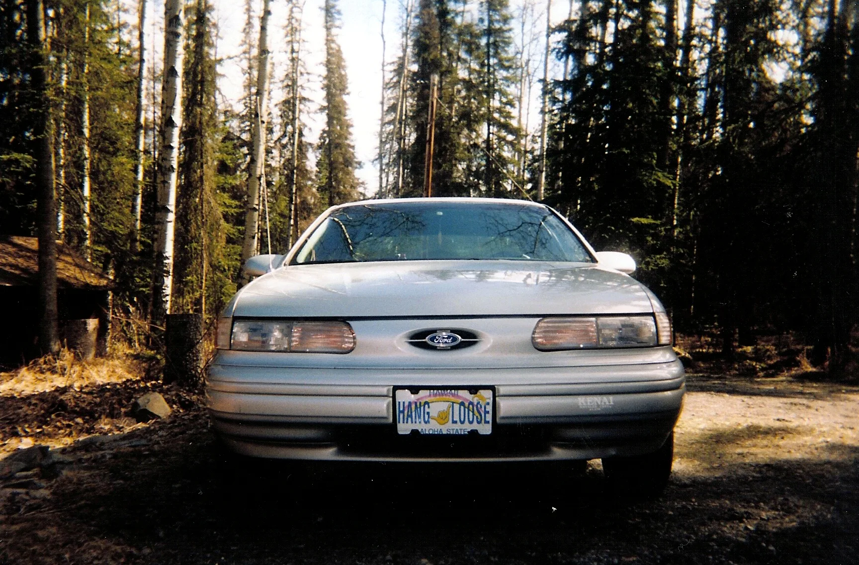 A Ford sedan in the woods with a Hang Loose license plate.