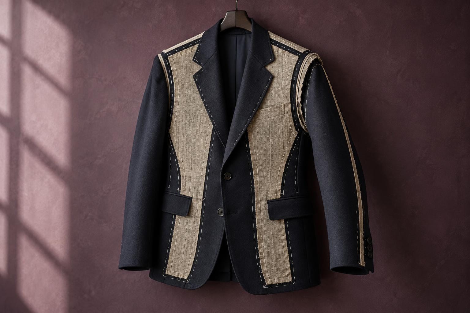 A navy suit jacket hangs against an aubergine wall, its sharply tailored silhouette covered with exposed canvas chest panels, ivory reinforcement tapes and outward-facing stitched seams.