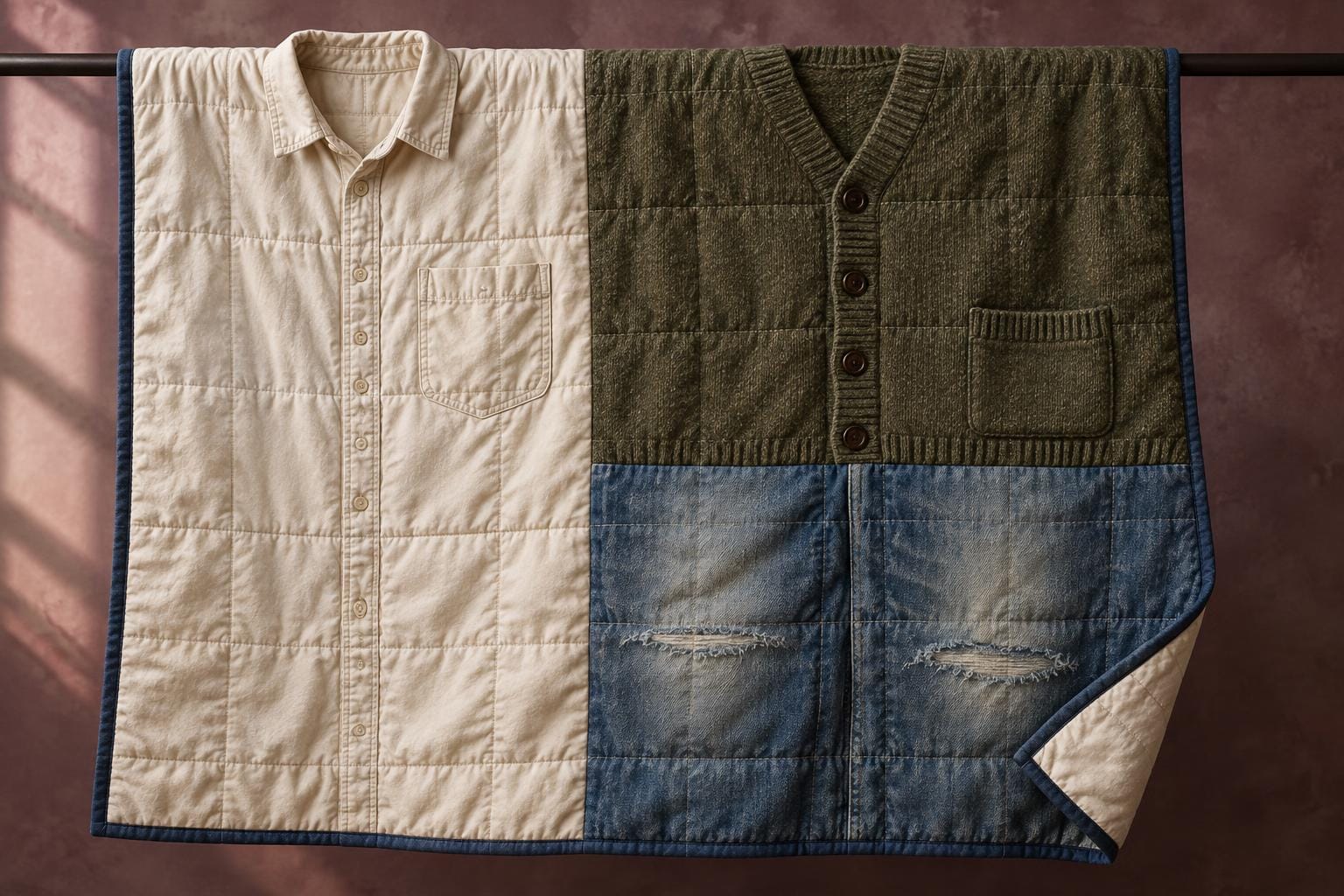 A quilt draped over a low rail retains a cream shirt’s collar and pocket, a green cardigan’s buttoned front and two worn denim knees within its continuously stitched surface.