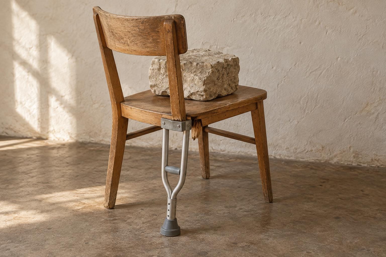 A wooden chair supports a limestone block with a shortened aluminum crutch replacing one broken rear leg. The splintered wooden stump is visible beside the crutch.