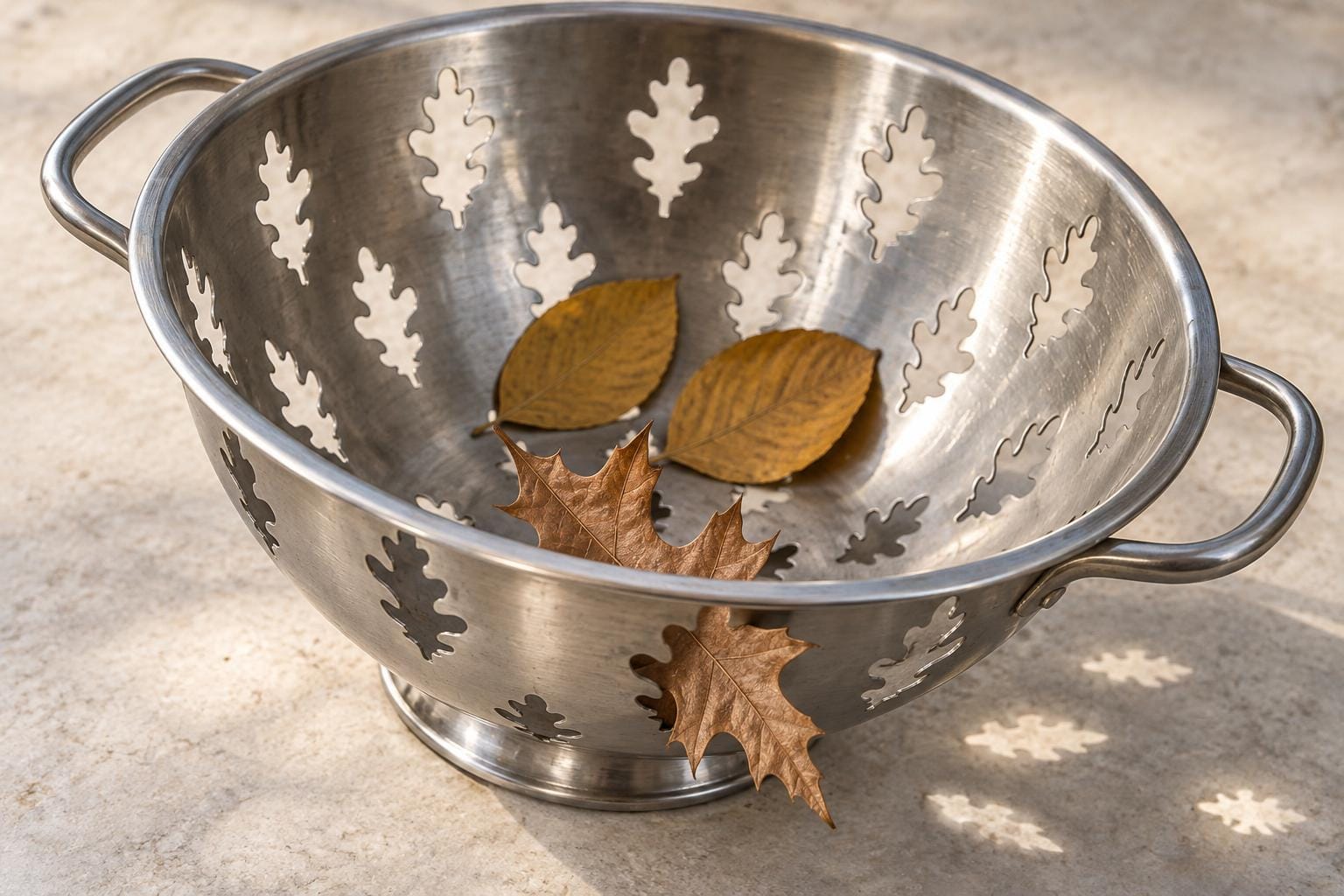 A stainless-steel colander with oak-leaf-shaped holes. A russet oak leaf protrudes through a front opening, while two broad golden leaves lie inside the bowl.