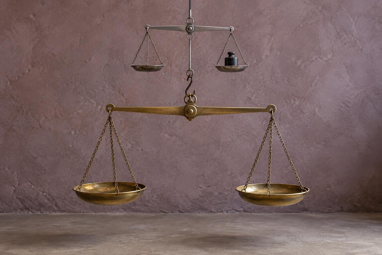 A small steel balance hangs above a much larger brass balance, supporting the larger instrument from one pan while a compact dark weight rests in its opposite pan. The large balance’s two em…