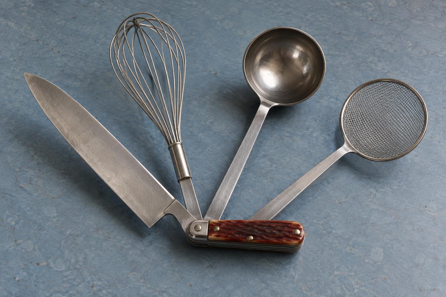 A tiny red-brown pocketknife handle supports a fan of four full-size kitchen tools: a chef’s blade, balloon whisk, ladle and mesh skimmer, photographed on a blue surface.