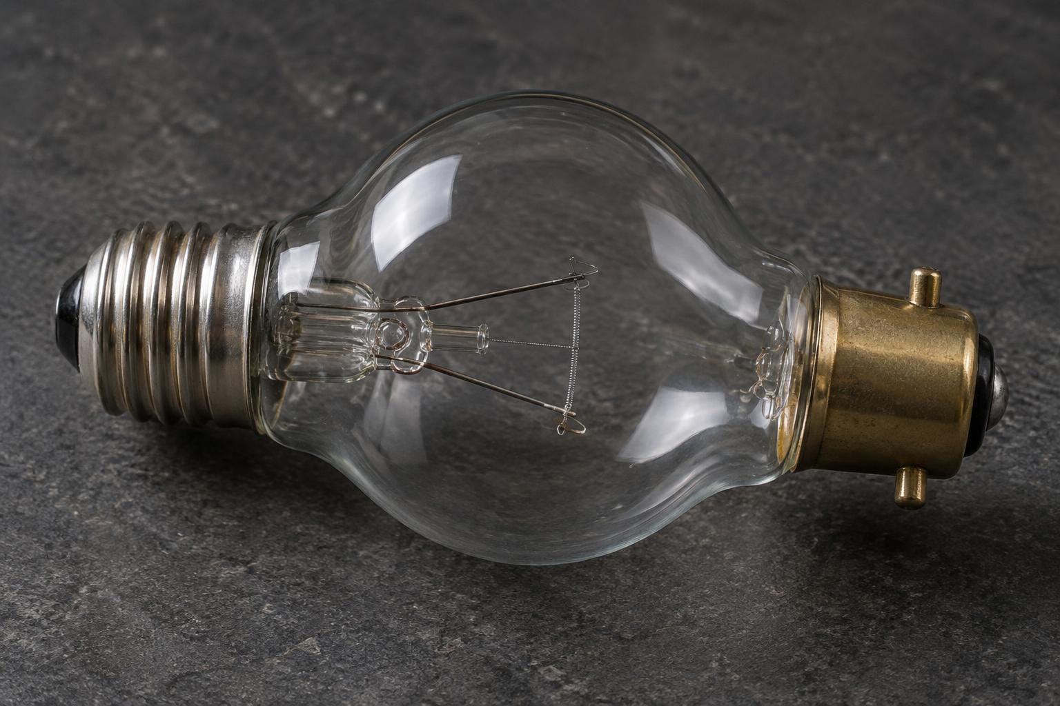 A clear light bulb lies horizontally on dark stone, with a threaded silver base on the left and a brass pin-style base on the right. One filament is visible inside the shared rounded glass c…