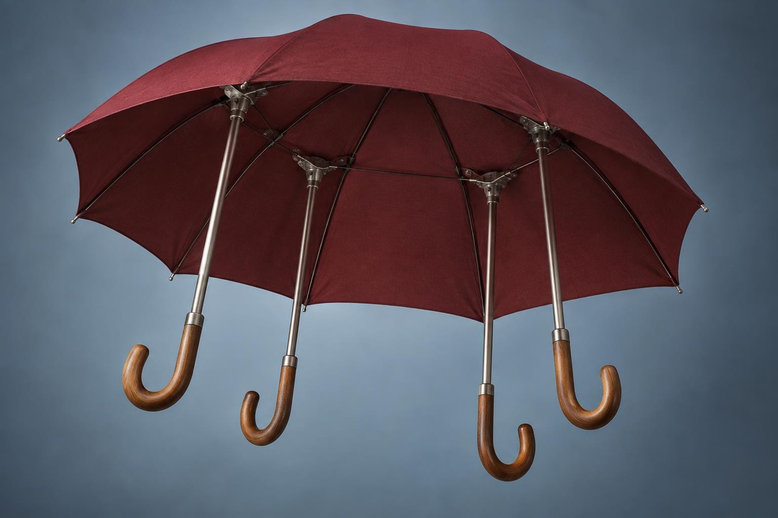 An open oxblood umbrella viewed from below has four separate wooden crook handles, each attached beneath a different section of its canopy, with an empty space instead of a central shaft.