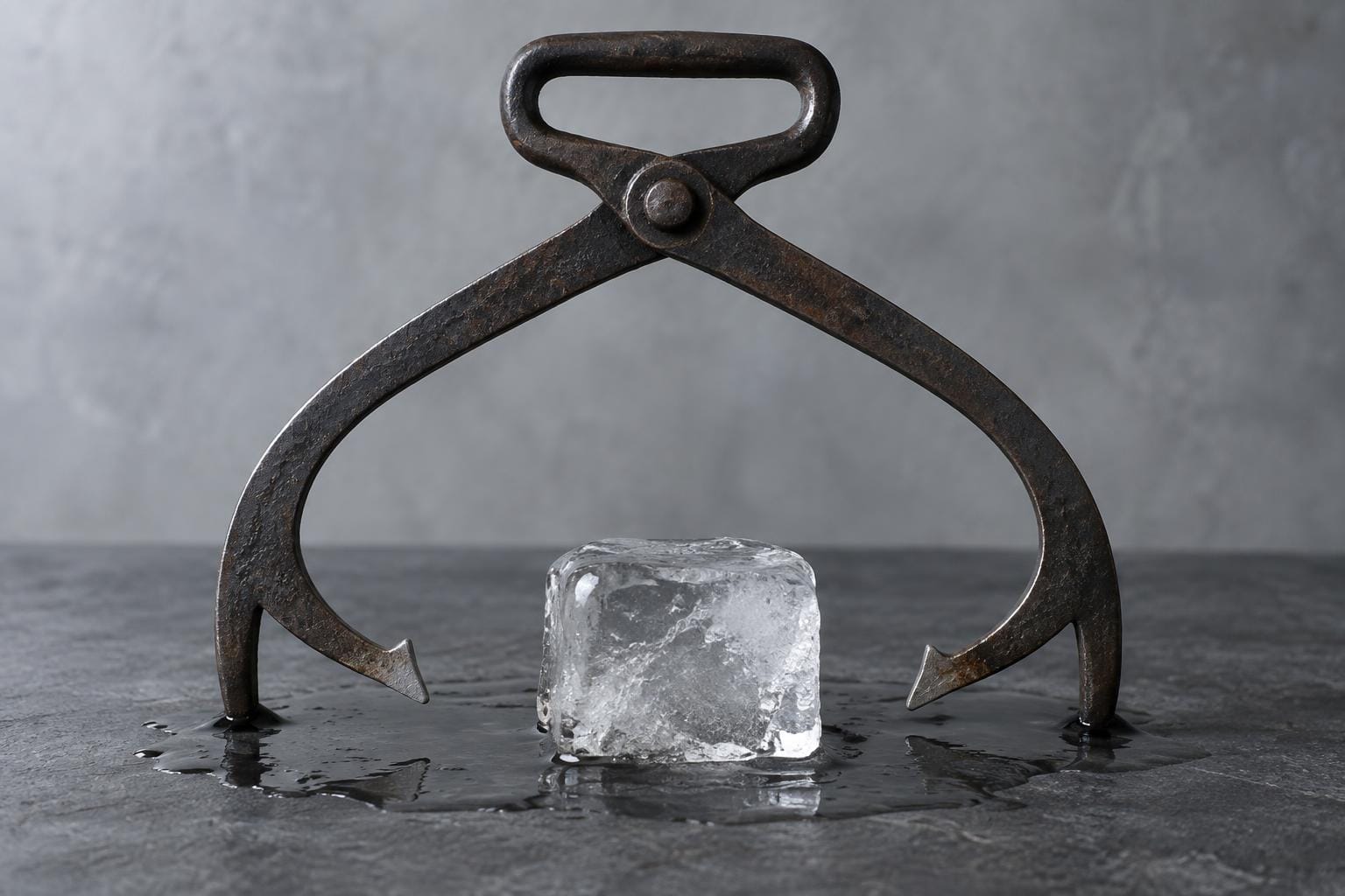 Steel ice tongs stand open around a small melting ice block on dark slate. Both pointed jaws hang well clear of the ice, with a broad puddle spreading underneath.