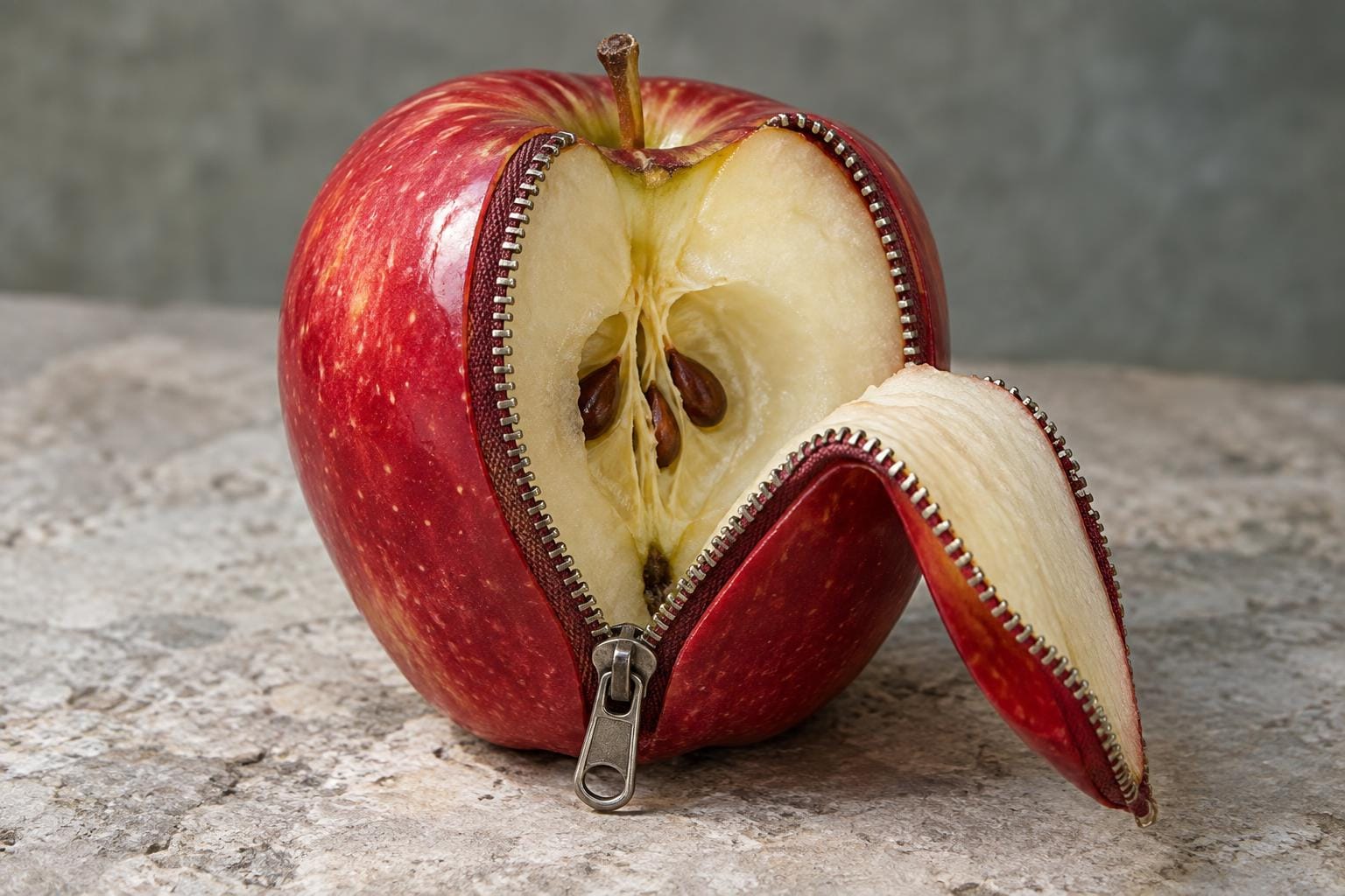 A red apple with a metal zipper partly opened around its front. A flap of peel folds outward, revealing pale flesh and brown seeds inside.