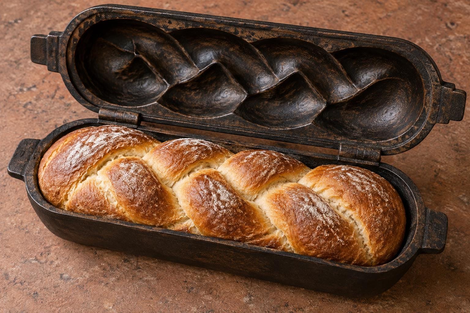 A golden braided loaf sits in a dark cast-iron mold. The raised upper half behind it reveals a deep matching impression of the bread's interwoven strands.