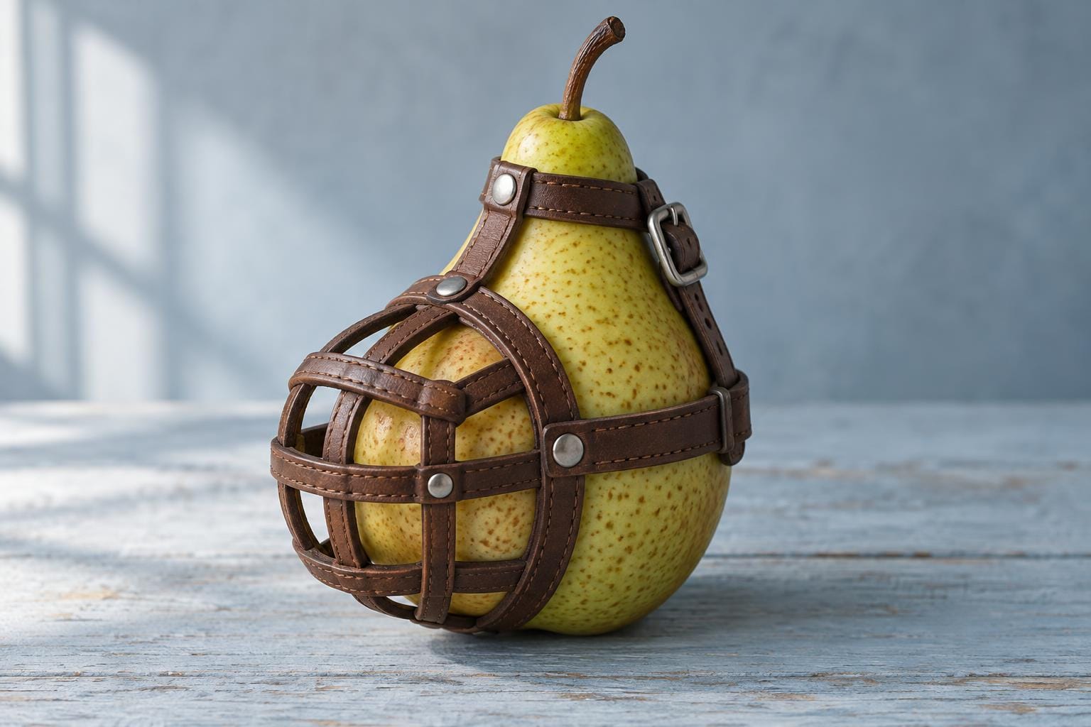 An intact yellow-green pear wears a brown leather basket dog muzzle, with straps buckled around its narrow neck beneath the stem.