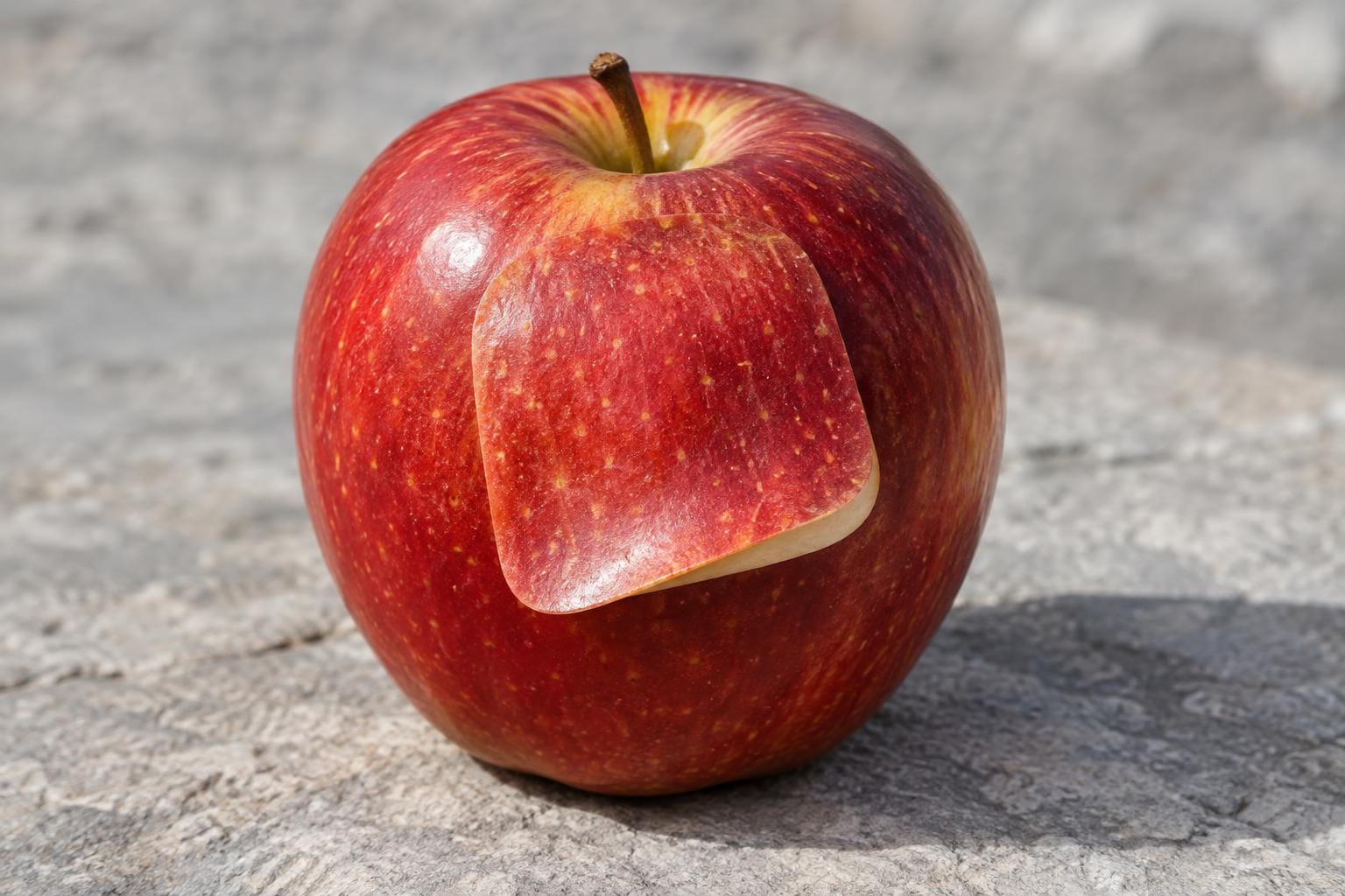 A red apple has a large rectangular flap of its own skin projecting from its front like a blank produce label, with a curled lower edge exposing a pale underside.