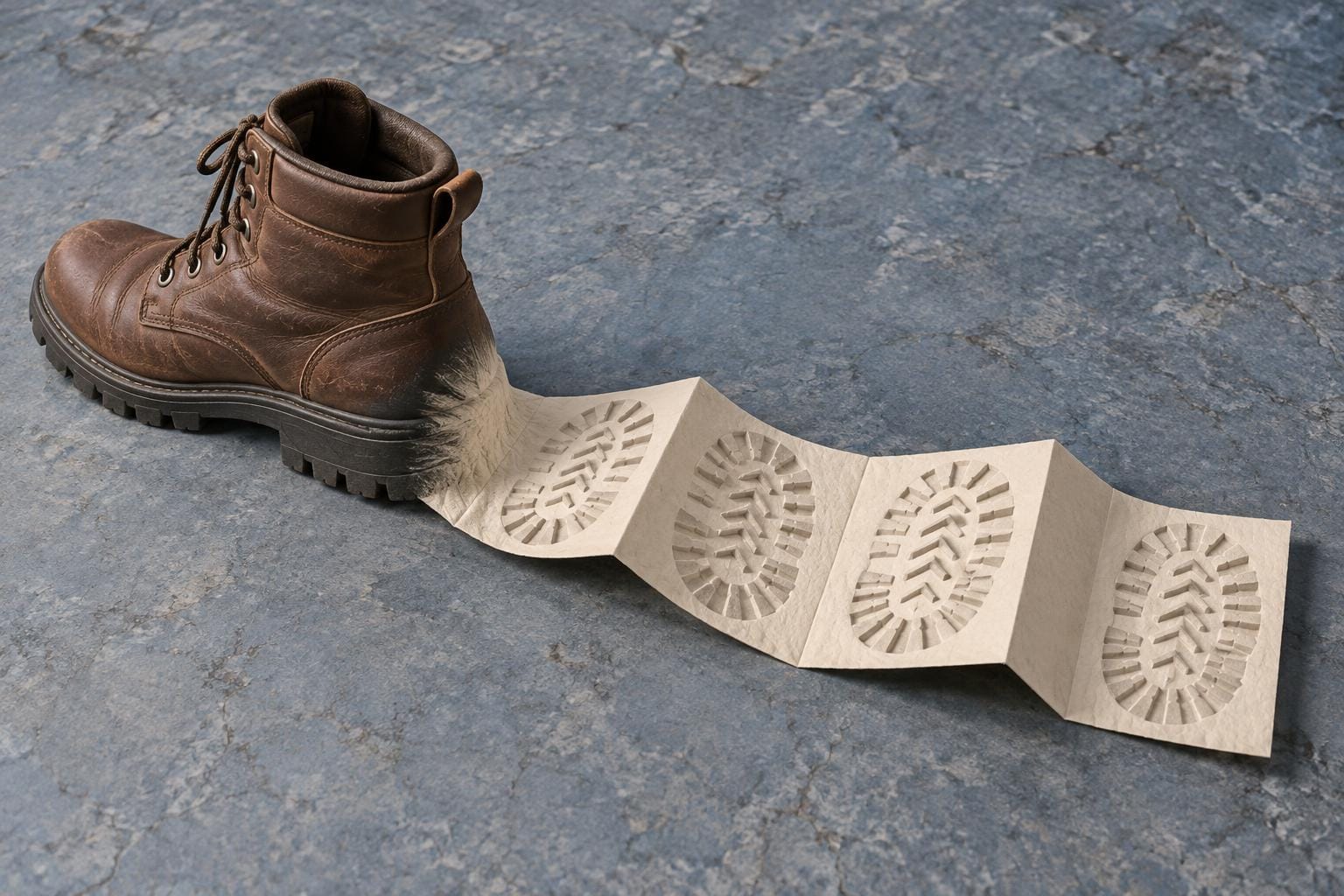 A leather walking boot has a rubber sole that extends from its heel into four accordion-folded cream paper panels, each embossed with the same boot-tread pattern.