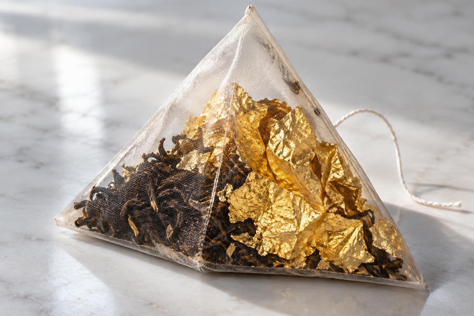 A translucent pyramid tea bag rests on white porcelain, containing dark tea leaves mixed with large, crumpled sheets of reflective gold leaf.