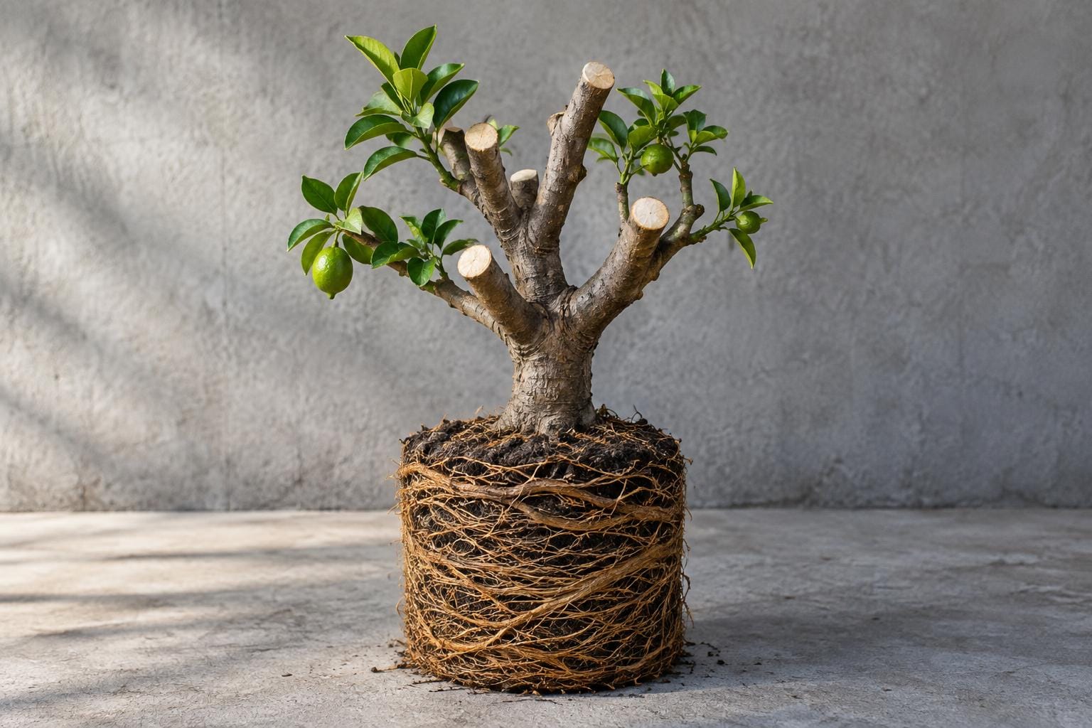 A severely pruned citrus tree stands without a pot, its few leafy branches ending in pale cut stumps above a dense cylindrical mass of circling exposed roots.