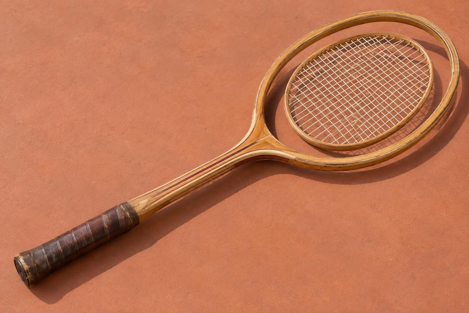 A wooden tennis racket with a taut string bed held in a separate inner oval. A wide, uninterrupted gap separates the string bed from the outer frame and handle.