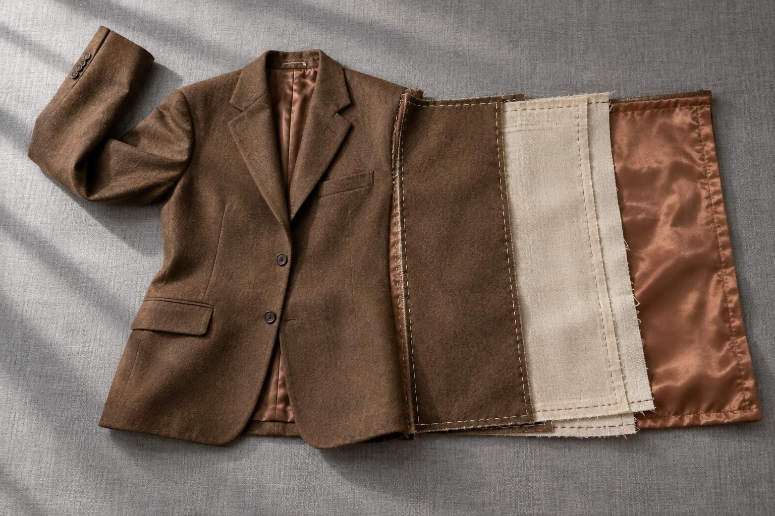 A tobacco-brown tailored jacket lies flat, with a broad panel extending from its right side and opening into cream reinforcement, seam allowances and copper-colored lining.