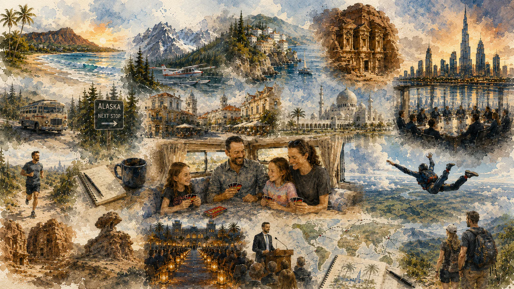 A watercolor collage of Keith Parker’s life across Hawaii, Alaska, Europe, the Middle East, and family.