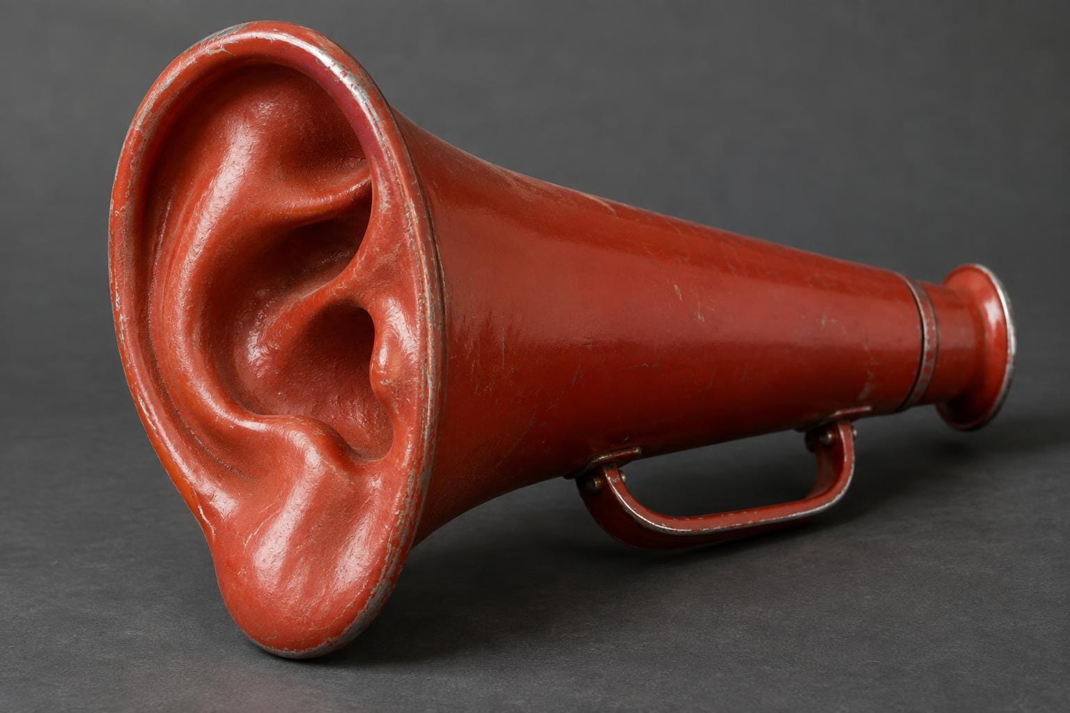 A red metal megaphone lies on a dark gray surface. Its flared bell is shaped into a large human ear, while its tapered body, mouthpiece and handle remain conventional.