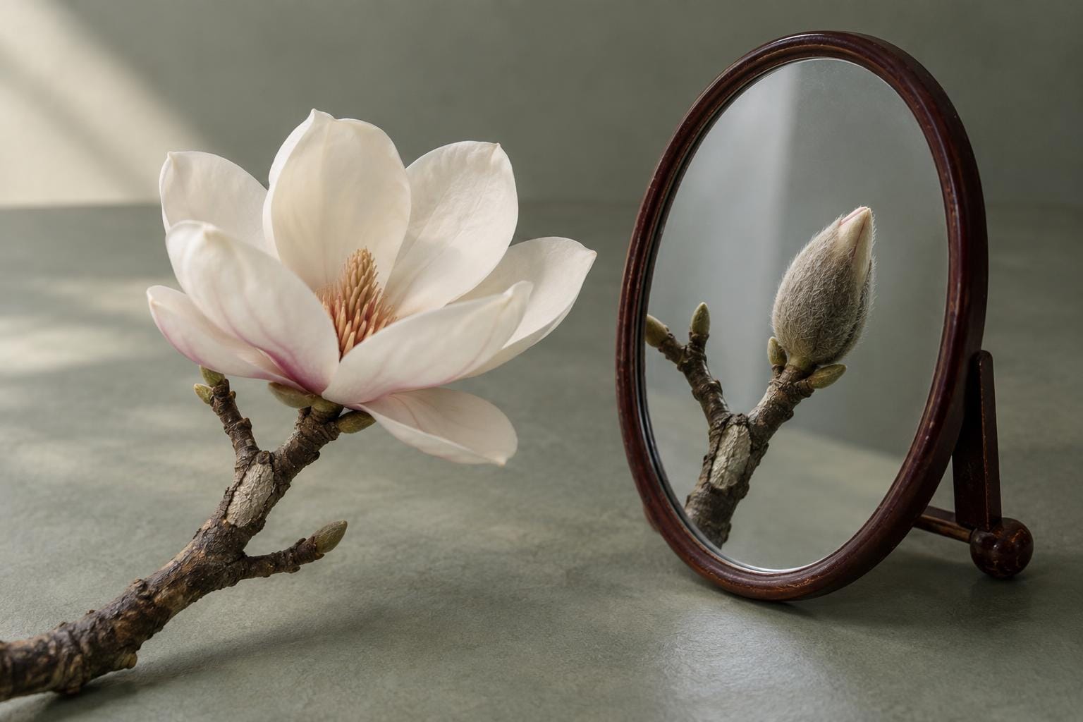 An open ivory magnolia blossom lies beside a small wooden-framed mirror. The mirror reflects the same forked branch, but shows a tightly closed fuzzy bud where the open flower should be.